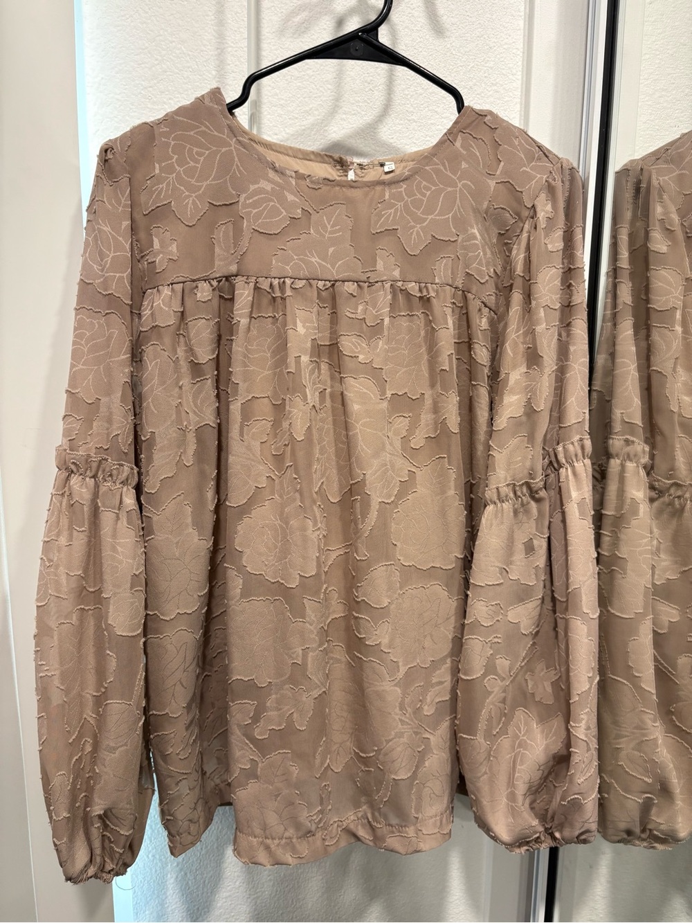 Taupe Floral-Textured Long-Sleeve Blouse